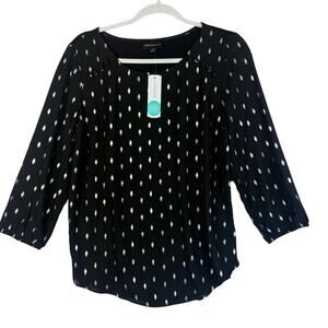 NWT Fortune Ivy Dondria Mixed Media Blouse Women Sz M Black Metallic Feather Top